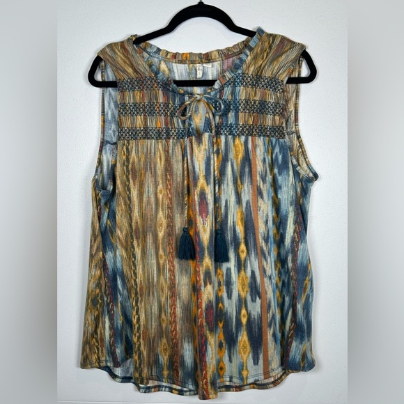 Cato Blue and Tan Smocked Blouse with Tie Front - Picture 1 of 8